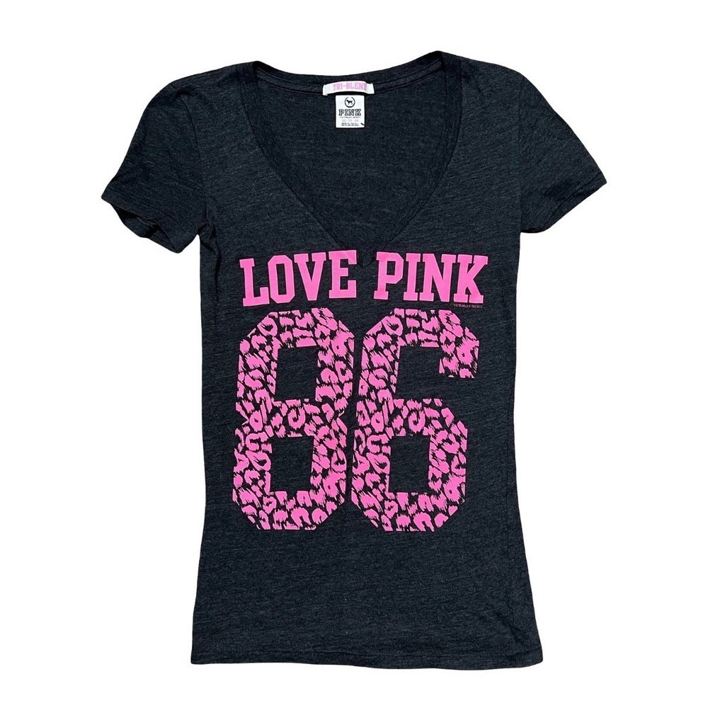 Victorias Secret PINK Womens XS Gray Tri-Blend V-Neck Leopard 86 Graphic T-Shirt